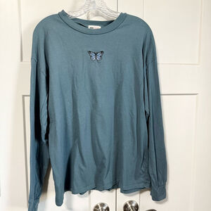 Nova Vintage teal Blue Long Sleeve t-Shirt with Butterfly Embroidery size large